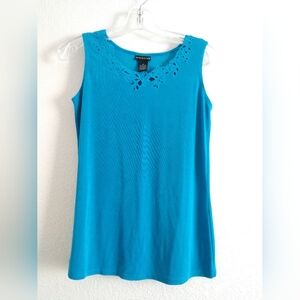 Citiknit Travelers Knit Tank Top Shirt Blue Openwork Lacy Floral Neckline XS